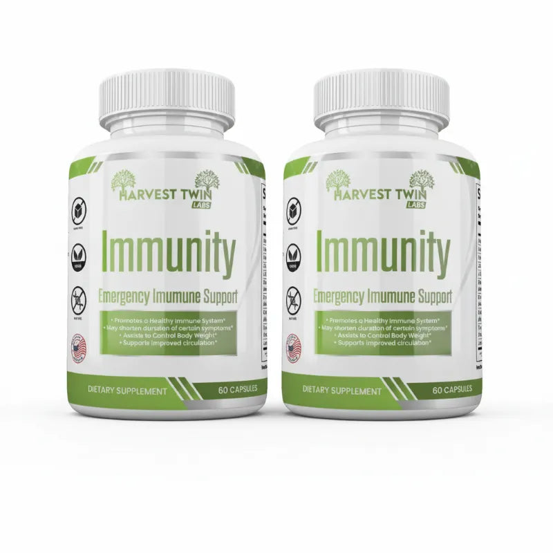 Two white bottles of Harvest Twin Immunity Emergency Immune Support dietary supplement capsules, displayed side-by-side on a clean white background.