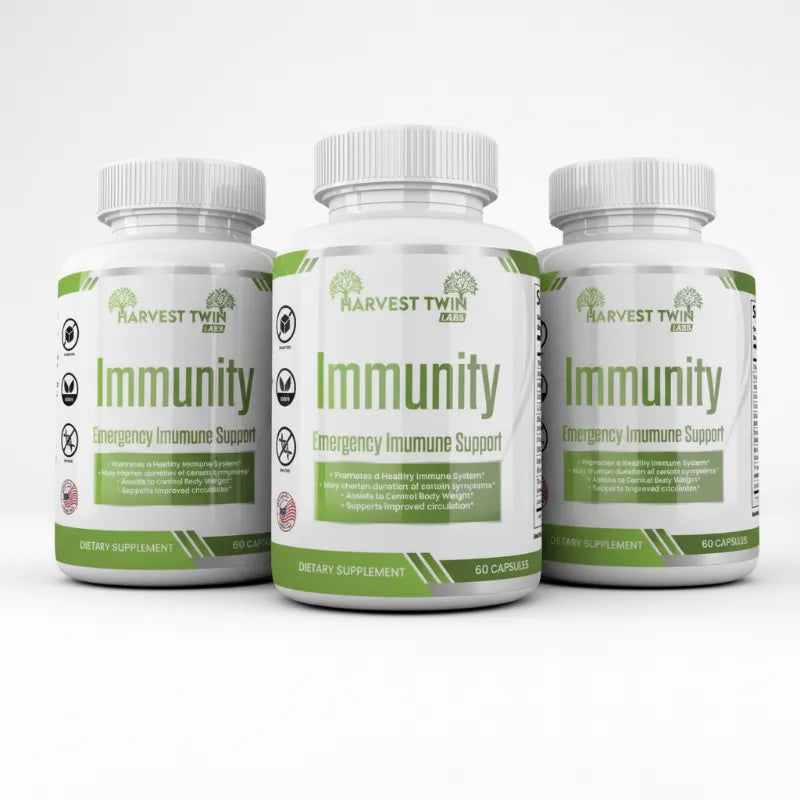 Three white supplement bottles of Harvest Twin Med Immunity Emergency Immune Support arranged in a row against a light gray background.
