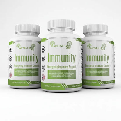 Three white supplement bottles of Harvest Twin Med Immunity Emergency Immune Support arranged in a row against a light gray background.