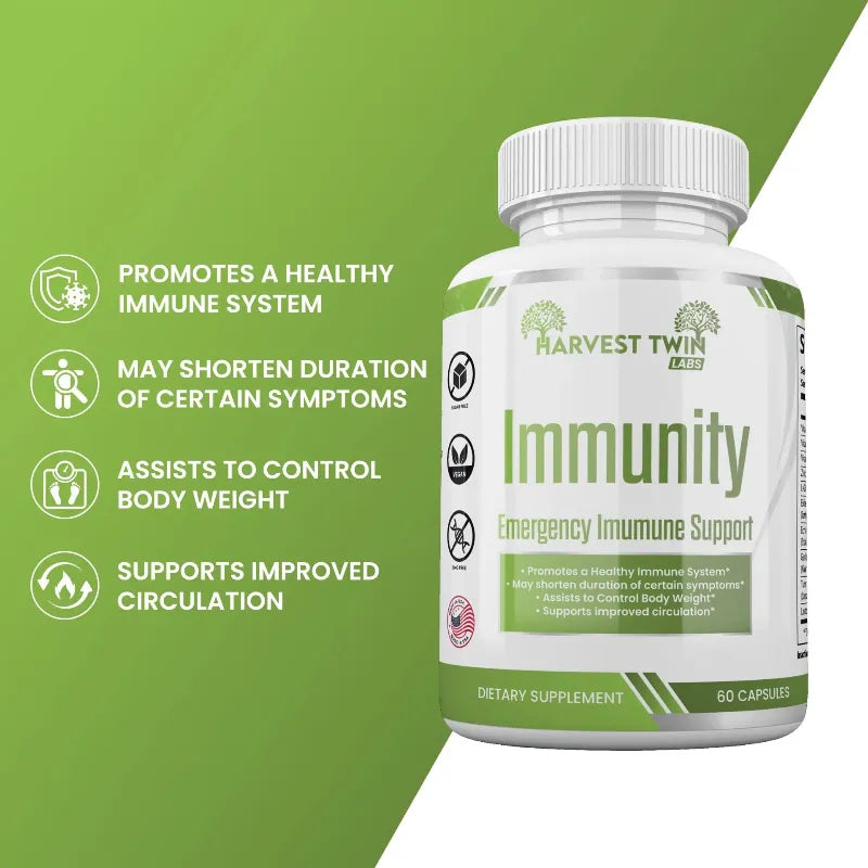 Harvest Twin Immunity supplement bottle with green background and text about supplement benefits.