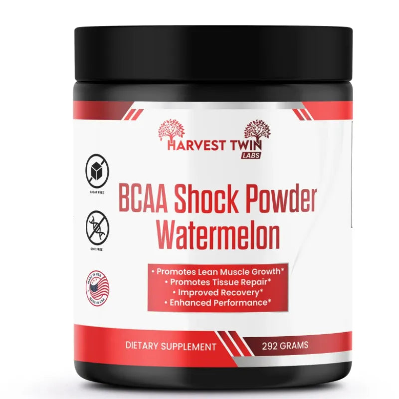 A black plastic tub of Harvest TWA BCAA Shock Powder Watermelon on a solid white background.