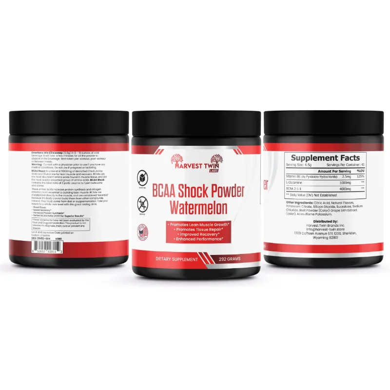 Three supplement tubs for Arvest Twin BGAA Shock Powder Watermelon, showing the front label, back ingredients, and side nutrition panel on a white background.