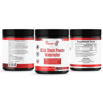 Three supplement tubs for Arvest Twin BGAA Shock Powder Watermelon, showing the front label, back ingredients, and side nutrition panel on a white background.