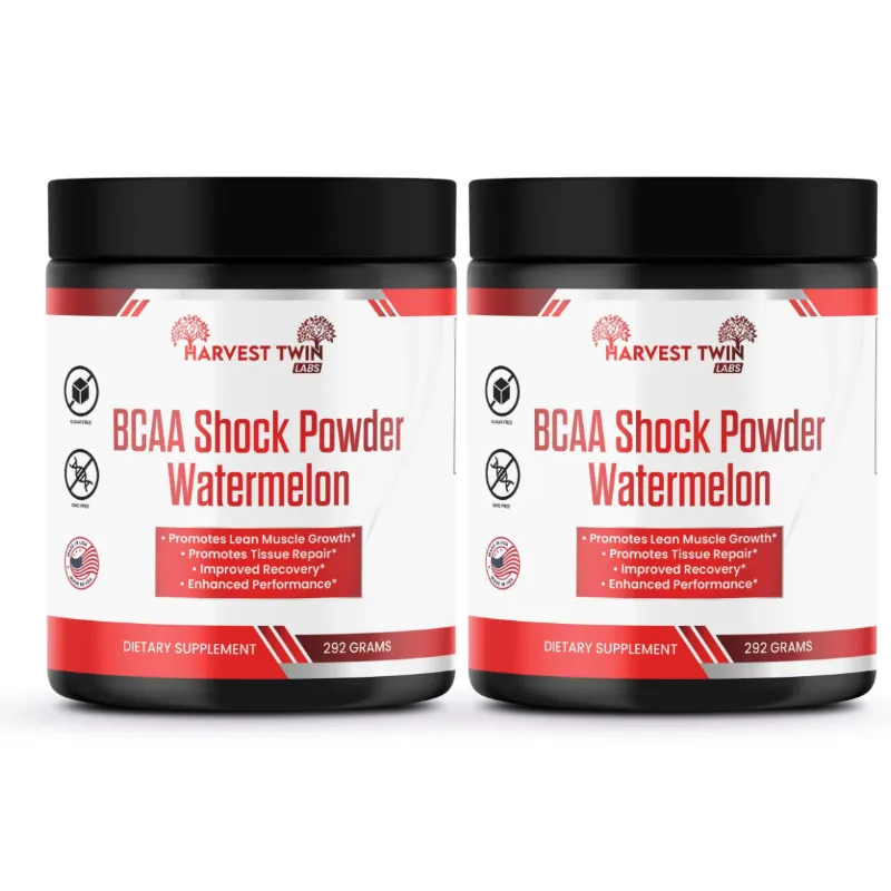 Two black plastic supplement jars of Harvest Twin BCAA Shock Powder Watermelon on a white background.
