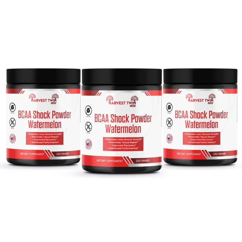 Three black plastic supplement jars of Harvest Tigris BCAA Shock Powder Watermelon arranged side by side on a white background.