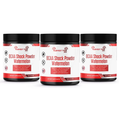 Three black plastic supplement jars of Harvest Tigris BCAA Shock Powder Watermelon arranged side by side on a white background.