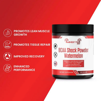 BCAA Shock Powder Watermelon supplement container with promotional text on a red and white background
