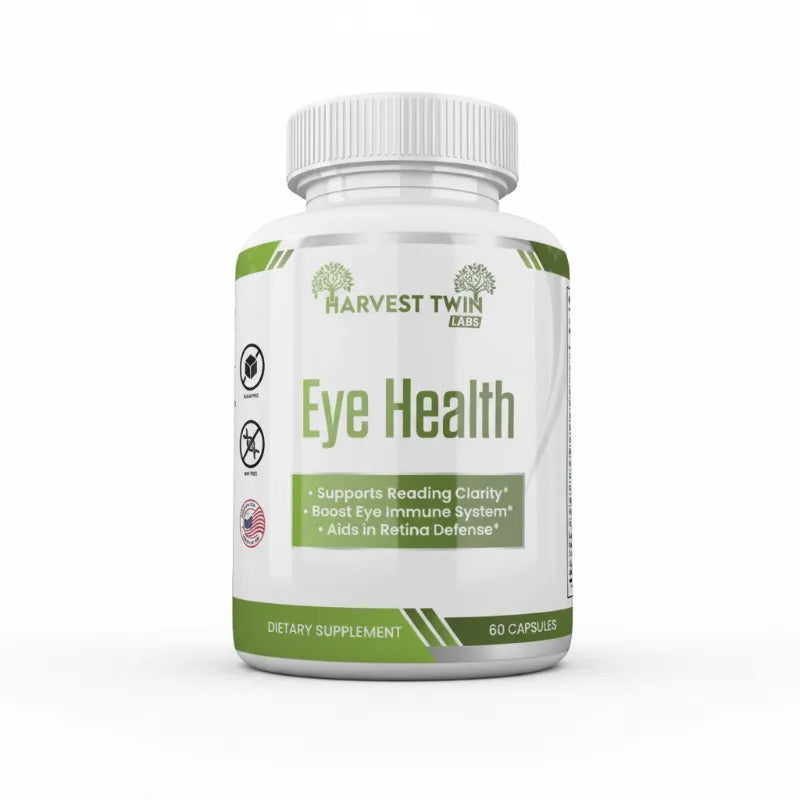 A white plastic bottle of Harvest Twin Labs Eye Health dietary supplement with a white cap, featuring a white and green label on a clean white background.