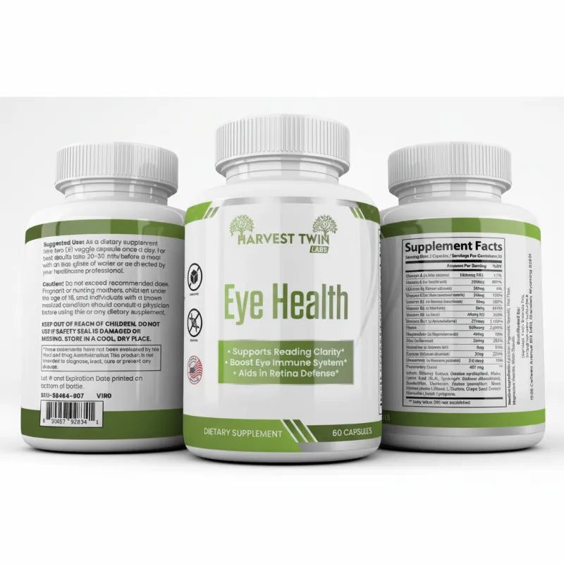 Three white supplement bottles with white caps for HARVEST TWIN Eye Health dietary supplement, showing the front, back, and supplement facts panels on a clean white background.