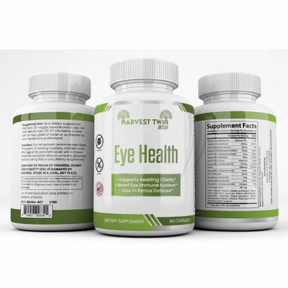 Three white supplement bottles with white caps for HARVEST TWIN Eye Health dietary supplement, showing the front, back, and supplement facts panels on a clean white background.