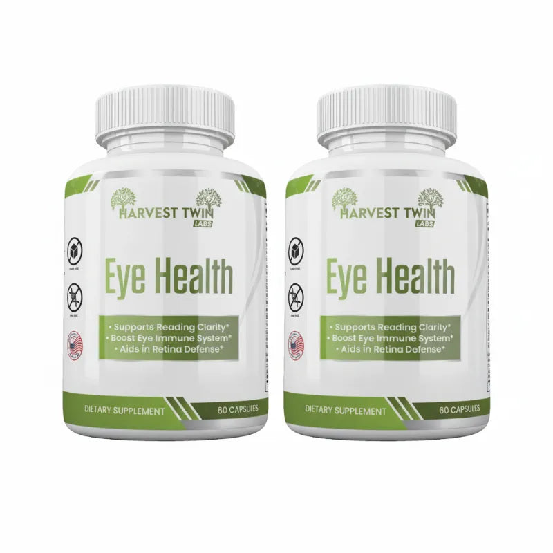 Two white bottles of Harvest Twin Labs Eye Health dietary supplement capsules shown side by side on a plain white background.