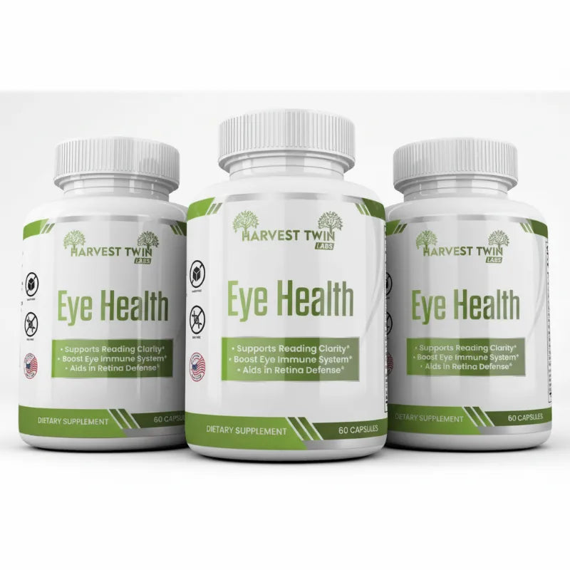 Three white supplement bottles labeled Harvest Twin Eye Health, arranged side by side on a light gray background.