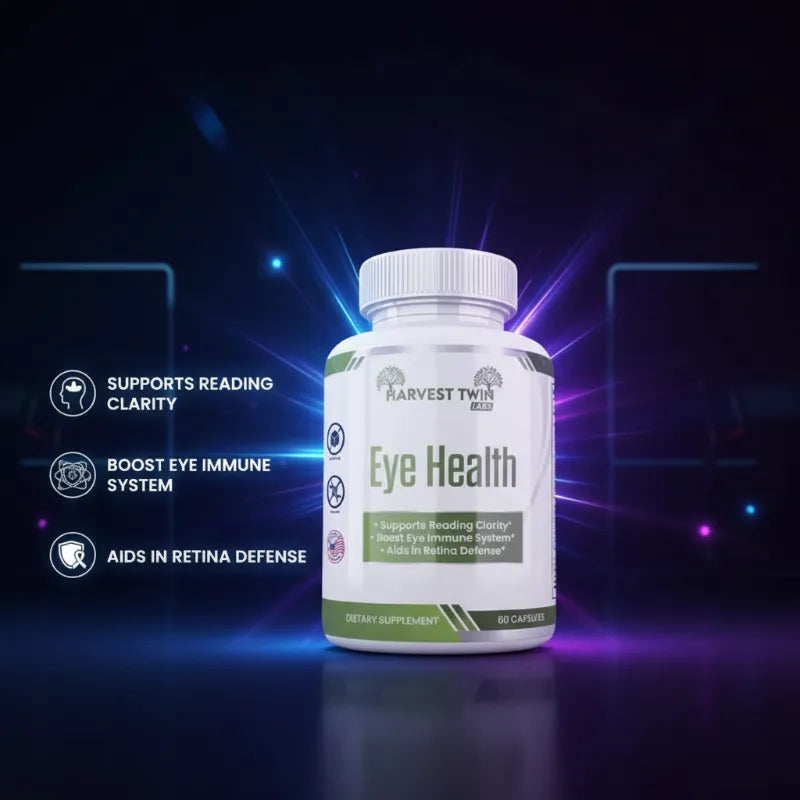 A white supplement bottle labeled 'Harvest Twin Eye Health' centered on a dark blue and purple glowing background, with three feature callouts on the left: 'Supports Reading Clarity,' 'Boost Eye Immune System,' and 'Aids in Retina Defense.'.