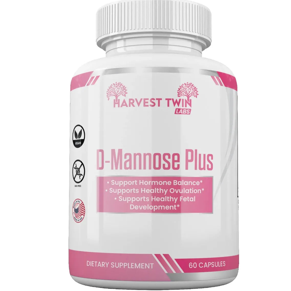 A white bottle of Harvest Twin Labs D-Mannose Plus dietary supplement with pink and white labeling, shown on a plain white background.
