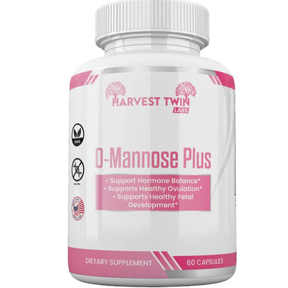 A white bottle of Harvest Twin Labs D-Mannose Plus dietary supplement with pink and white labeling, shown on a plain white background.