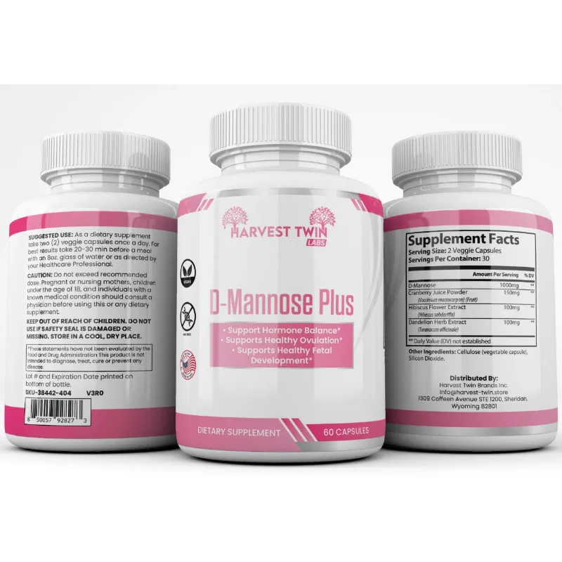 Three supplement bottles for Harvest Twin D-Mannose Plus, showing the front label and the back supplement facts and usage panels on a white background.