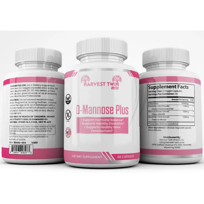 Three supplement bottles for Harvest Twin D-Mannose Plus, showing the front label and the back supplement facts and usage panels on a white background.