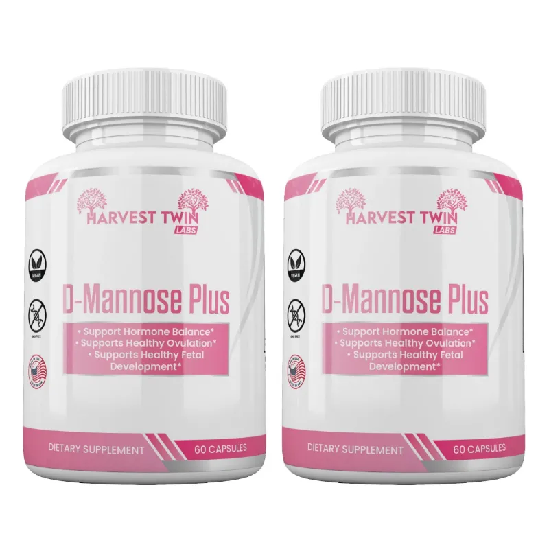 Two white bottles of Harvest Twin Labs D-Mannose Plus dietary supplements side by side on a plain white background.