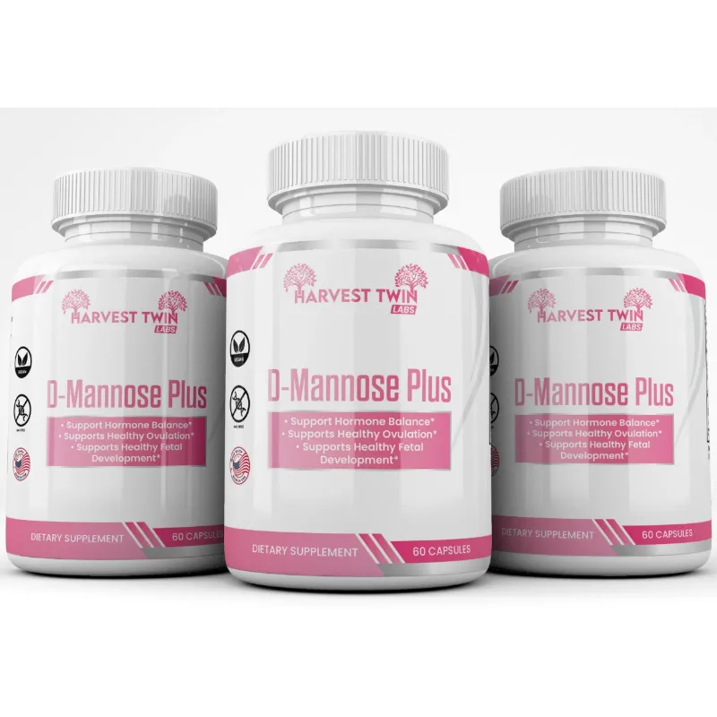 Three white supplement bottles of Harvest Twin Labs O-Mannose Plus arranged in a studio shot, with the center bottle in front and the two side bottles slightly behind it.