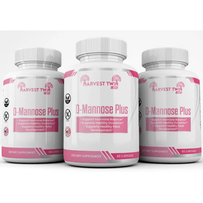 Three white supplement bottles of Harvest Twin Labs O-Mannose Plus arranged in a studio shot, with the center bottle in front and the two side bottles slightly behind it.