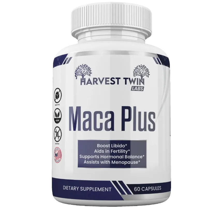 A white bottle of Harvest Twin Labs Maca Plus dietary supplement with a white ribbed cap, featuring a white label with navy blue text and accents, set against a plain white background.