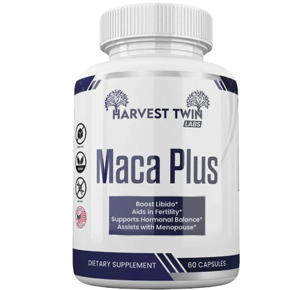 A white bottle of Harvest Twin Labs Maca Plus dietary supplement with a white ribbed cap, featuring a white label with navy blue text and accents, set against a plain white background.