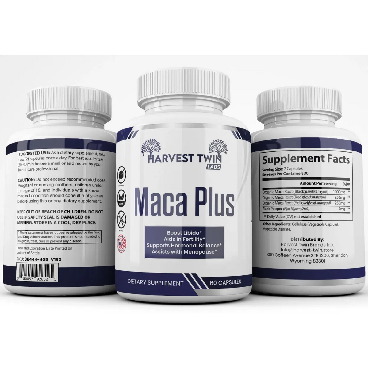 Three supplement bottles labeled Harvest Twin Labs Maca Plus, shown on a plain white background with the center bottle facing forward and the side bottles showing the back and supplement facts panels.