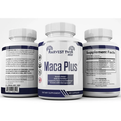 Three supplement bottles labeled Harvest Twin Labs Maca Plus, shown on a plain white background with the center bottle facing forward and the side bottles showing the back and supplement facts panels.