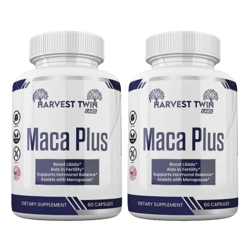Two white bottles of Harvest Twin Labs Maca Plus dietary supplement capsules on a plain white background.
