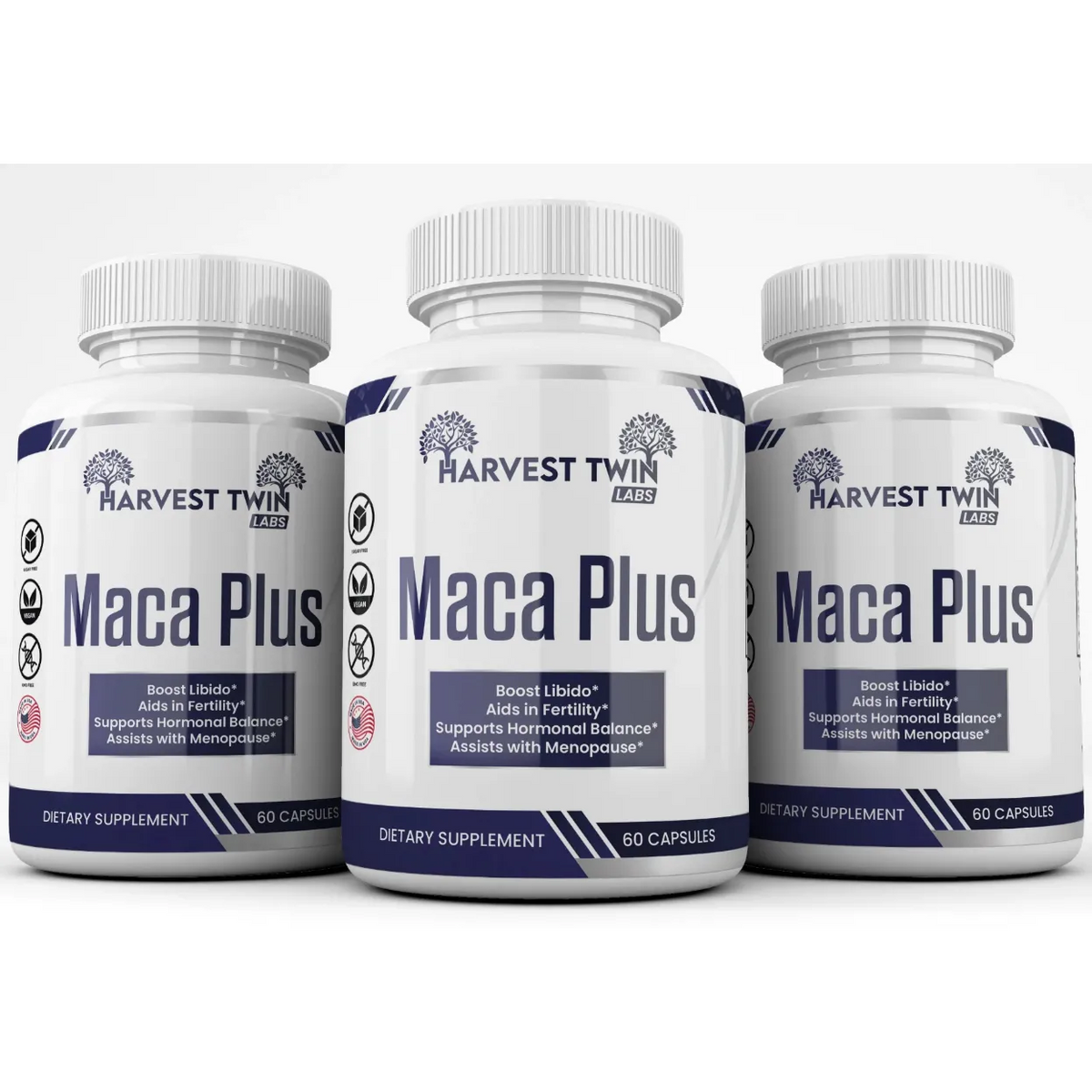 Three white supplement bottles of Harvest Twin Labs Maca Plus arranged side by side on a white background.