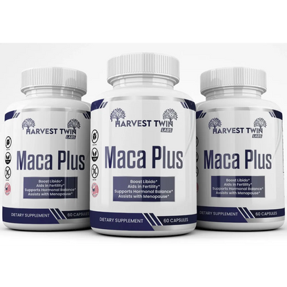 Three white supplement bottles of Harvest Twin Labs Maca Plus arranged side by side on a white background.