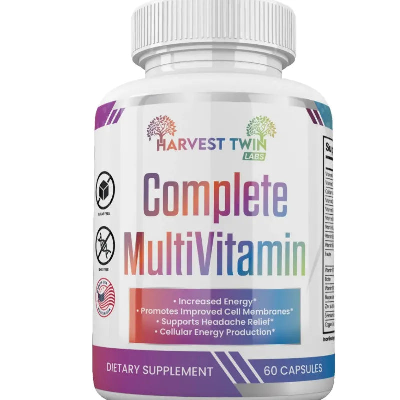 Complete MultiVitamin 60 Capsules by Harvest Twin Labs – supports increased energy, cell membrane health, headache relief and cellular energy production – sugar-free, GMO-free dietary supplement