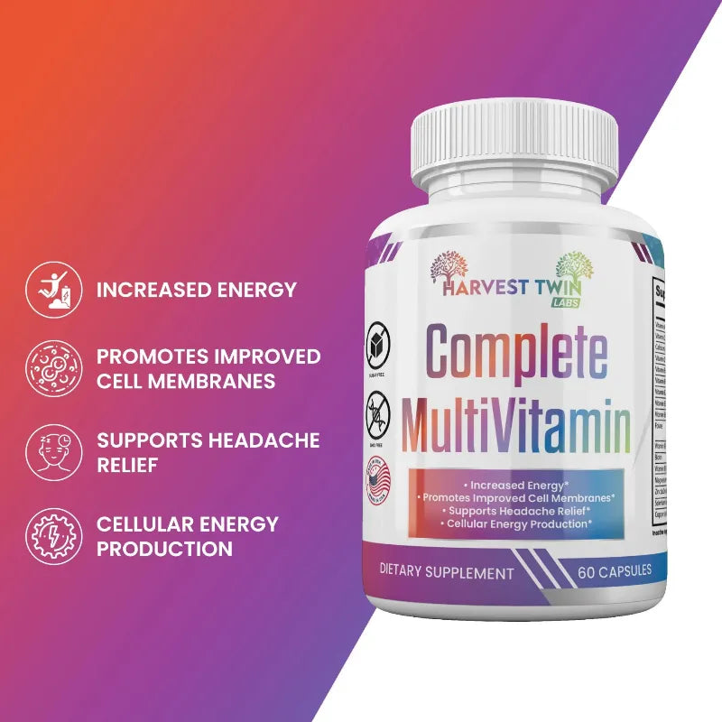 Complete MultiVitamin 60 Capsules by Harvest Twin Labs – supports increased energy, cell membrane health, headache relief and cellular energy production – sugar-free, GMO-free dietary supplement