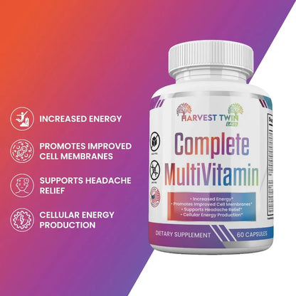 Complete MultiVitamin 60 Capsules by Harvest Twin Labs – supports increased energy, cell membrane health, headache relief and cellular energy production – sugar-free, GMO-free dietary supplement