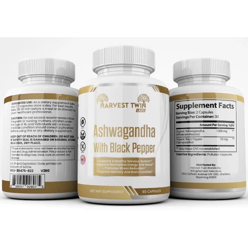 Three supplement bottles of Harvest Twin Ashwagandha With Black Pepper shown on a light gray background, displaying the front label and the back supplement facts and directions panels.