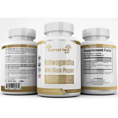 Three supplement bottles of Harvest Twin Ashwagandha With Black Pepper shown on a light gray background, displaying the front label and the back supplement facts and directions panels.