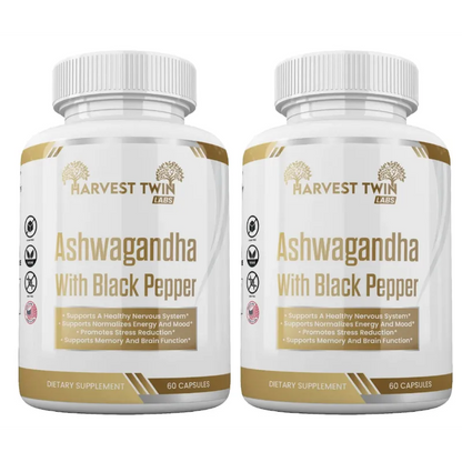 Two white supplement bottles of Harvest Twin Ashwagandha With Black Pepper, displayed side-by-side on a plain white background.