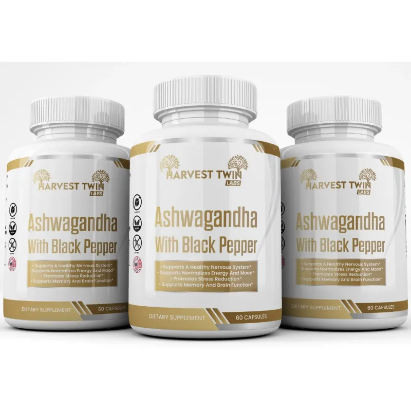 Three white supplement bottles of Harvest Twin Ashwagandha With Black Pepper arranged in a row on a light gray background.