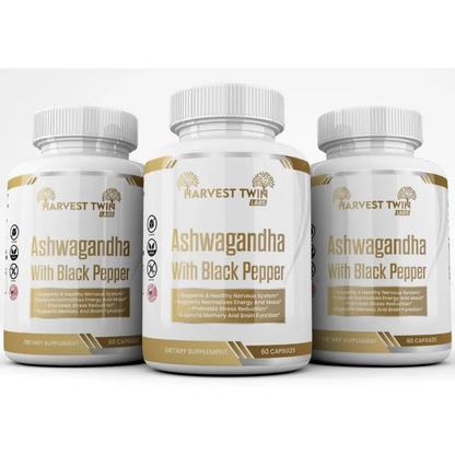 Three white supplement bottles of Harvest Twin Ashwagandha With Black Pepper arranged in a row on a light gray background.