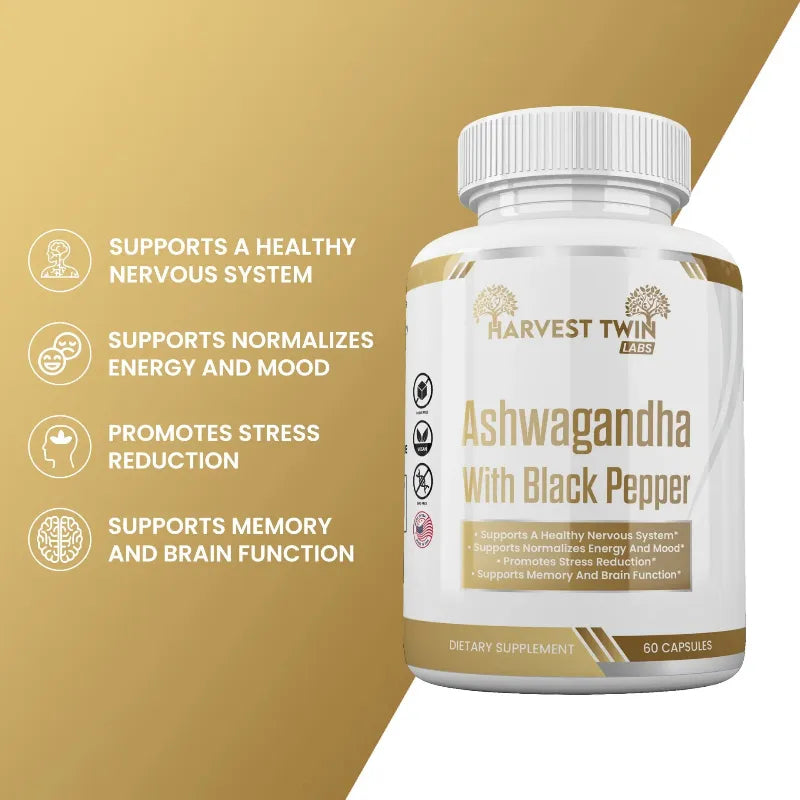 A bottle of Harvest Twin Labs Ashwagandha With Black Pepper dietary supplement, set against a split gold and white background with text highlighting its benefits for nervous system, energy, stress reduction, and memory.
