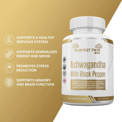 A bottle of Harvest Twin Labs Ashwagandha With Black Pepper dietary supplement, set against a split gold and white background with text highlighting its benefits for nervous system, energy, stress reduction, and memory.