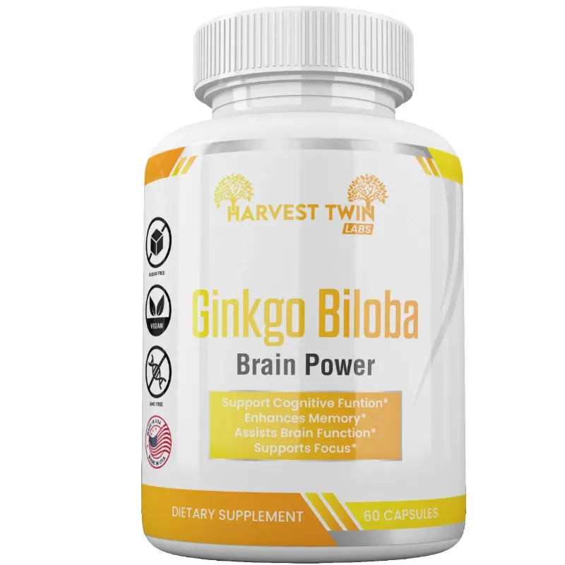 Ginkgo Biloba Brain Power 60 Capsules by Harvest Twin Labs – supports cognitive function, memory, focus and mental clarity – vegan, sugar-free, GMO-free dietary supplement