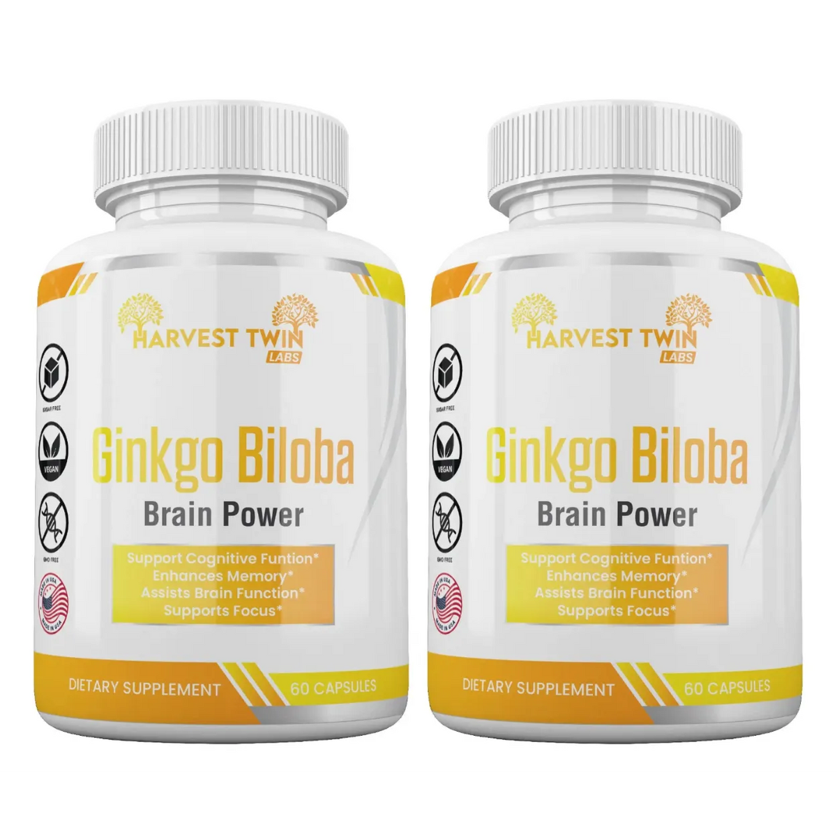 Ginkgo Biloba Brain Power 60 Capsules by Harvest Twin Labs – supports cognitive function, memory, focus and mental clarity – vegan, sugar-free, GMO-free dietary supplement
