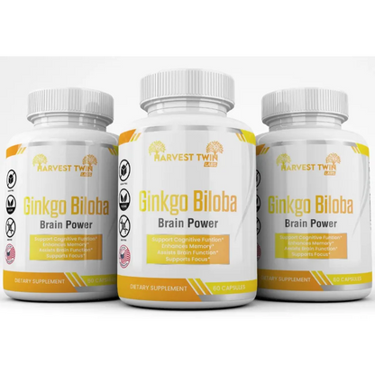 Ginkgo Biloba Brain Power 60 Capsules by Harvest Twin Labs – supports cognitive function, memory, focus and mental clarity – vegan, sugar-free, GMO-free dietary supplement