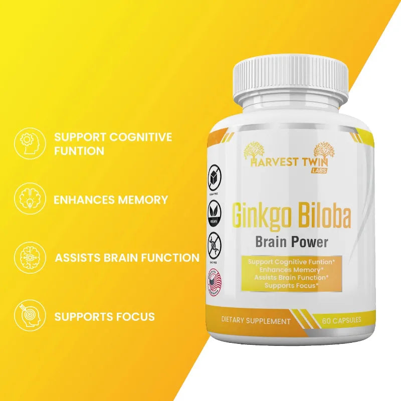 Ginkgo Biloba Brain Power 60 Capsules by Harvest Twin Labs – supports cognitive function, memory, focus and mental clarity – vegan, sugar-free, GMO-free dietary supplement