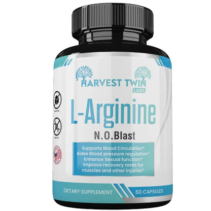 A black bottle of Harvest Twin Labs L-Arginine N.O.