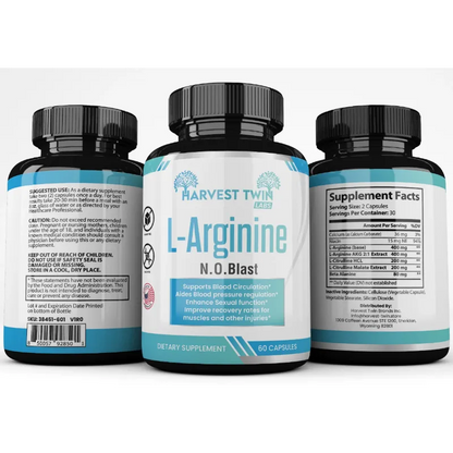 Three supplement bottles shown on a black background, with the center bottle facing forward and the left and right bottles showing the back labels. The label reads HARVEST TWIN L-Arginine N.
