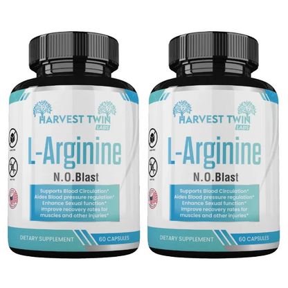 Two black supplement bottles of Harvest Twin Labs L-Arginine N.O.Blast side by side on a white background.