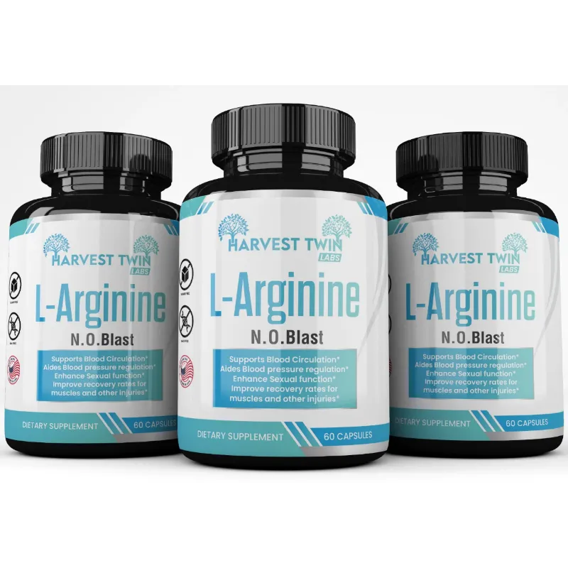 Three black supplement bottles of Harvest Twin Labs L-Arginine N.O.Blast arranged in a row against a light gray background.