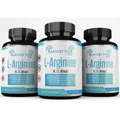 Three black supplement bottles of Harvest Twin Labs L-Arginine N.O.Blast arranged in a row against a light gray background.